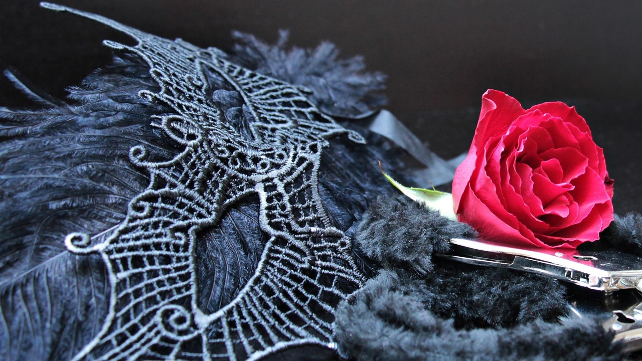 Mask, handcuffs, roses — Introducing Our Love Story: Creative Wedding Welcome Sign Ideas