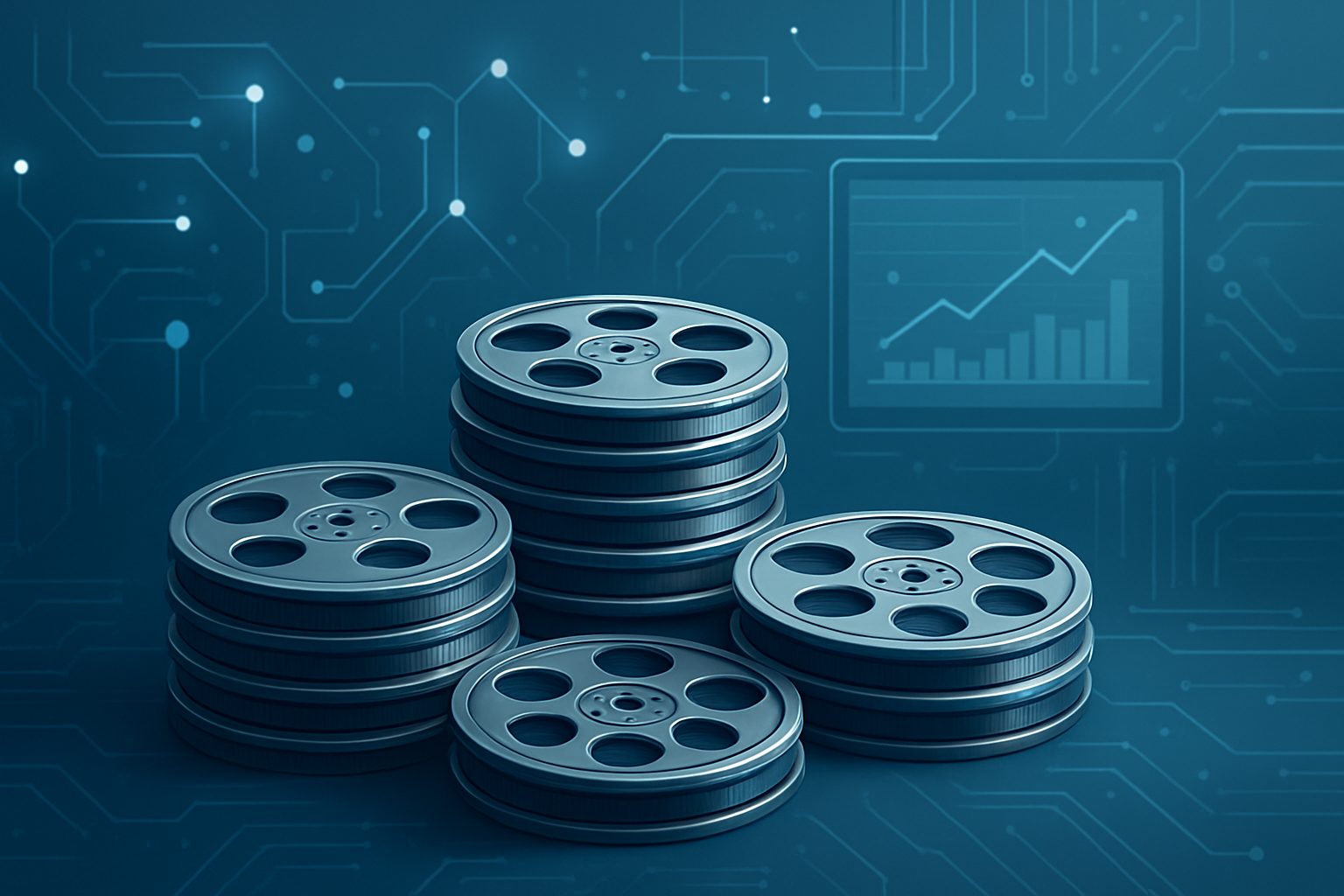 Stacks of vintage film reels in front of a digital circuit background
