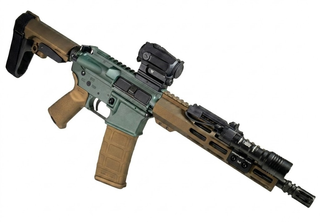 An assembled rifle with a visible brace attachment