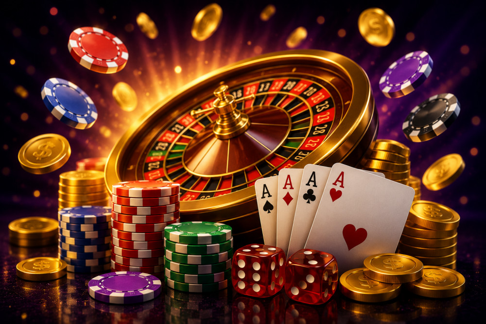 A collection of poker chips, playing cards, and a roulette wheel against a vibrant background