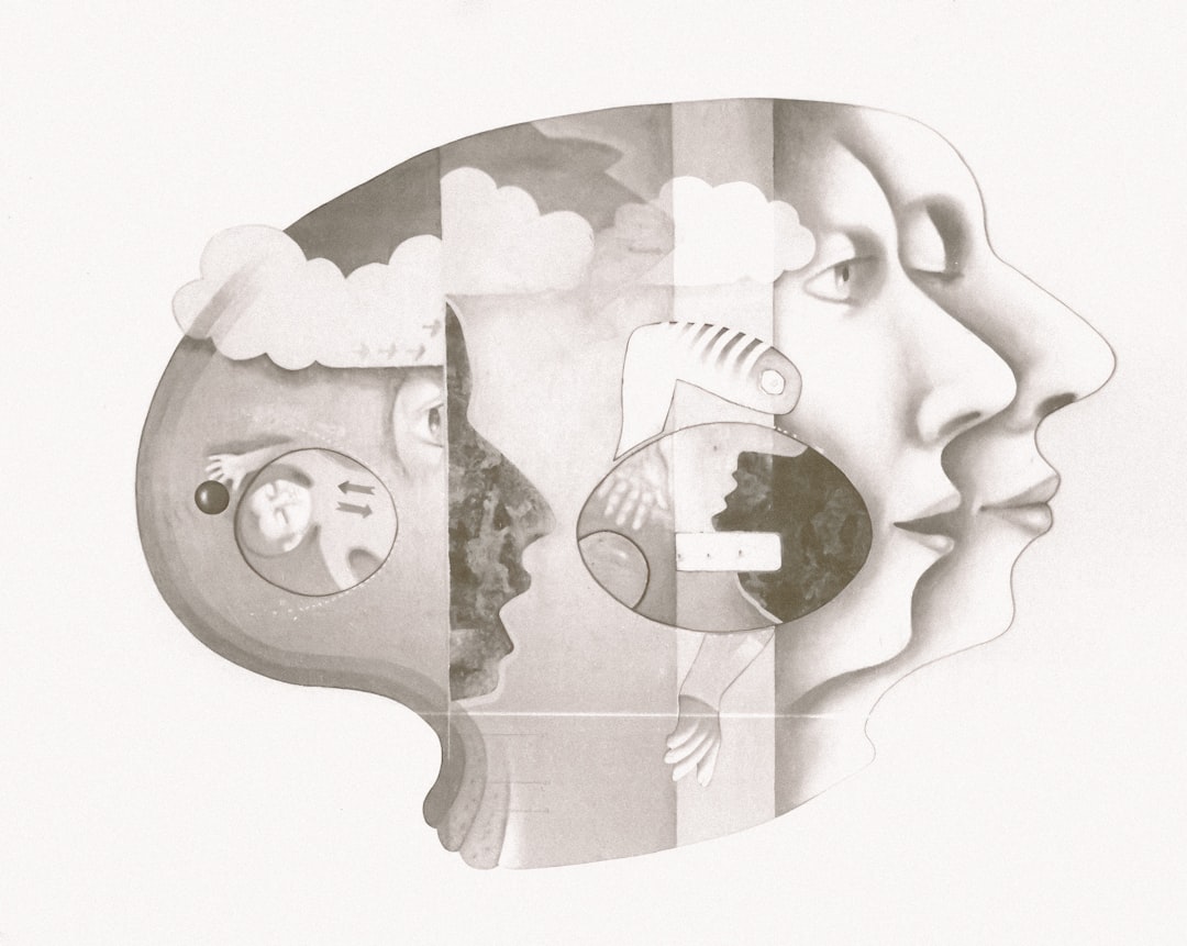 Artistic representation of a head with abstract thoughts and faces blending together